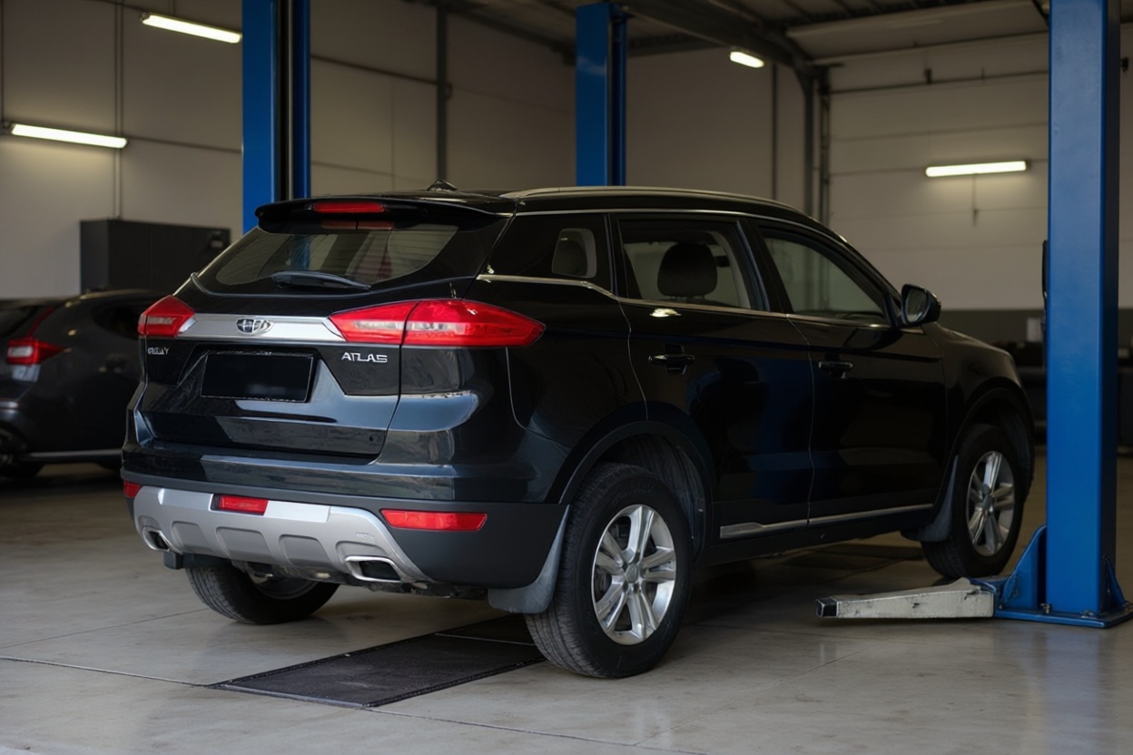 Geely Atlas проходит осмотр после схода-развала в автотехцентре