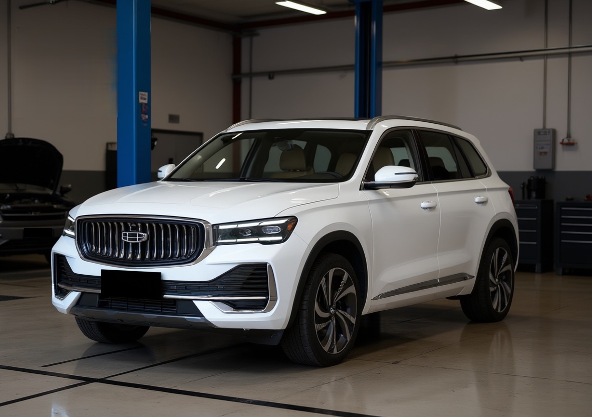 Geely Monjaro готовится к замене тормозных дисков в автотехцентре